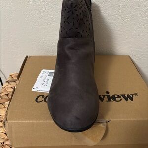 comfortview Dark Brown Suede Laser-Cut Ankle Bootie